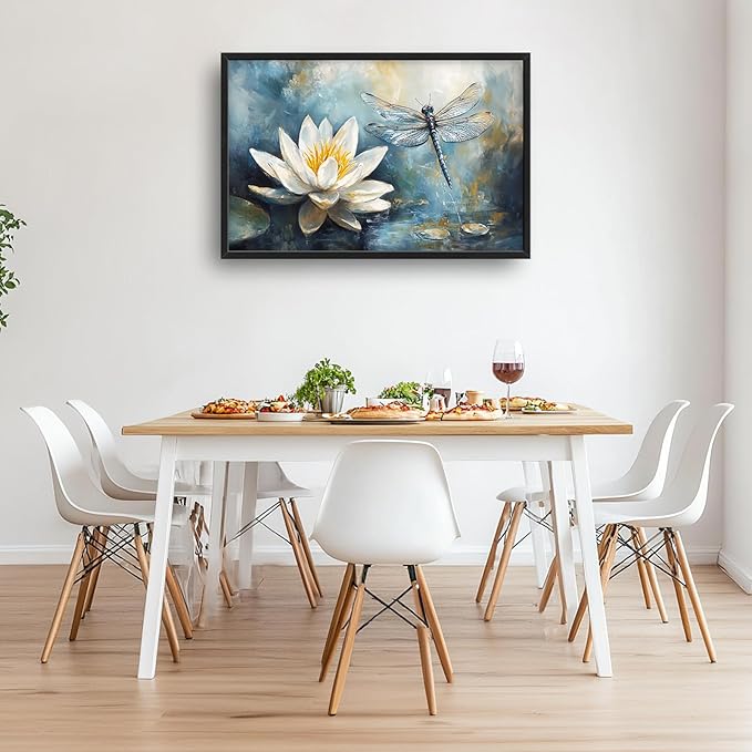 Extra Large Lotus Dragonfly Framed Wall Art for Living Room,Abstract Blue Lotus Flower Lake Pictures Wall Decor,Nature Canvas Print Painting Modern Artwork Bedroom Office Bathroom 36L x 24W