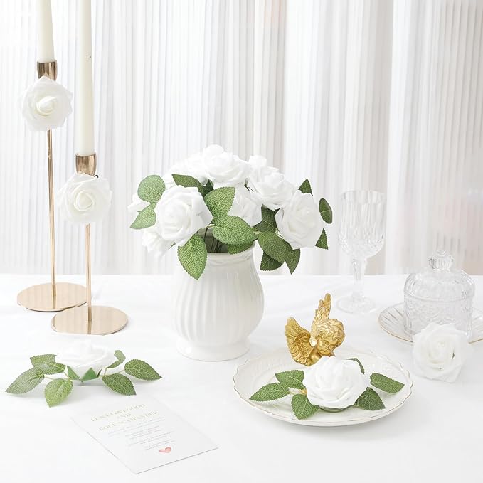 DerBlue 60pcs Artificial Roses Flowers with stem and 10pcs Green Leaves Real Looking Fake Roses Artificial Foam Roses Decoration DIY for Wedding,Arrangements Party Home Decorations
