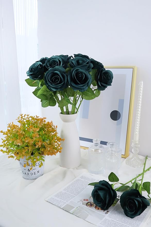 30pcs Roses Artificial Flowers Peacock Green Roses Flowers with Long Stems Silk Flowers for Wedding Bouquet Centerpices Decorations Party Bridal Baby Shower Home Décor Fake Roses
