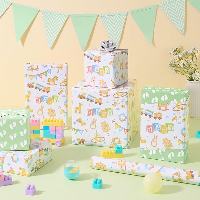 WERNNSAI Baby Shower Wrapping Paper Roll - 1 Roll 17”x 16.4ft Gender Neutral Baby Gift Wrap Newborn Toys Design Gift Packing for Boy & Girl Party Decor Reversible Footprint Print