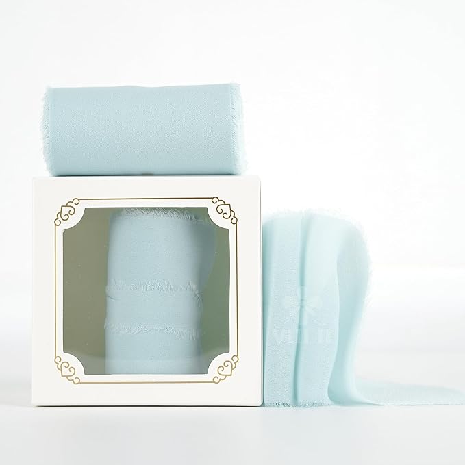 MEEDEE Aqua Chiffon Ribbon 3 Inch Fringe Ribbons Blue Chiffon Silk Frayed Edge Ribbon Wide Chiffon Ribbons for Crafts, Flower Bouquet, Wedding Favors Wrapping (2 Rolls 10 Yards)