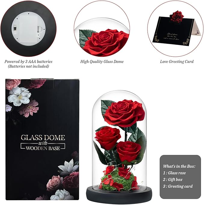 3 Preserved Flowers Roses in Glass Dome with Light for Beauty and The Beast Decor Real Rosas Eternas for Women Mom Birthday,Forever Red Roses for Delivery, Gifts for Wife Girlfriend Her