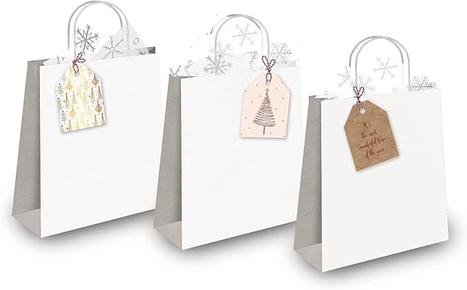Pro Supply Global 24 Count of 2.5 Inch x 3 Inch Pre Strung Gold Christmas Trees Gift Tag Assorted Printed Designs on Large Cardstock Gift Hang Tags - Ideal to Use on Bags