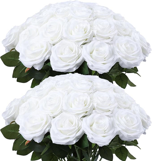 Artificial Rose Flower White Flowers White Roses Silk Flowers 50 pcs with Long Stem Silk Roses Bouquet for Wedding Bridal Shower Party Home Decoration