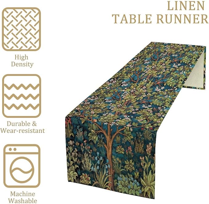 William Morris Floral Table Runner, Vintage Green Botanical Printed Table Runner for Home Kitchen Dining Table Decoration,13x36 Inch