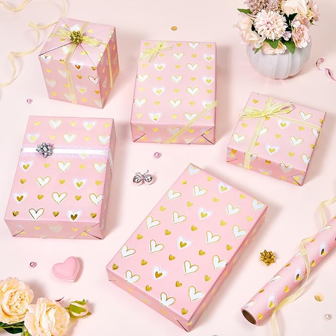 WERNNSAI Valentine Wrapping Paper Roll - 1 Roll 17”x 33 Valentines Day Gift Wrap Paper Pink Love Heart Gift Packing Decorations for Girls Women Bridal Shower Wedding Supplies