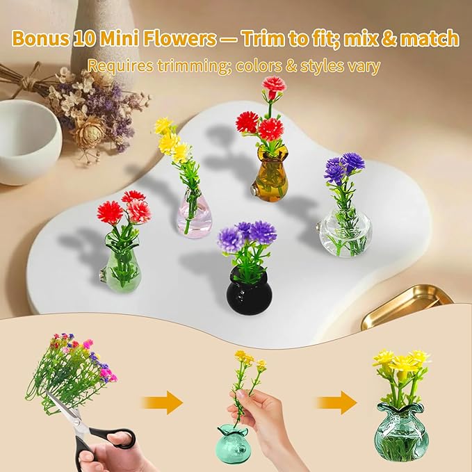 10-Pack Magnetic Mini Glass Vases Set with 30+ Flowers – Slam-Proof Strong Magnet for Fridge, Locker & Office Decor – Crystal Clear Bud Holders for Propagation for Women