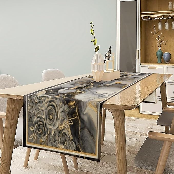 Grey Marble Flower Table Runner, Black Grey Marble Golden Veins Abstract White Natural Texture Floral Dinner Runner Table Decoration for Home Kitchen Dining Holiday Party 13x108in