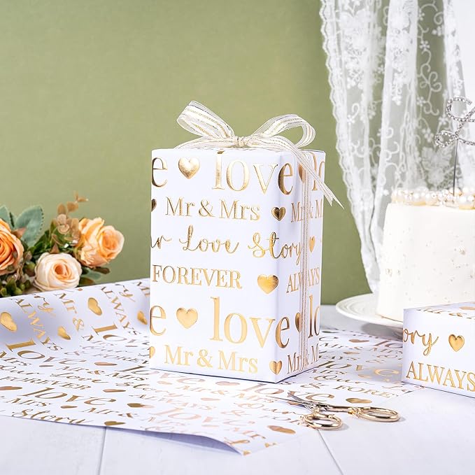 RUSPEPA Wrapping Paper Roll, Bridal Shower Gift Wrap, Mini Roll, 17 Inches x 16.5 Feet, White and Gold Foil LOVE Design for Wedding, Anniversary, Engagement