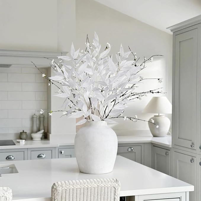 DILATATA 32 inch White Artificial Eucalyptus Spray Fall Eucalyptus Leaves Autumn Leaf Branches Faux Fall Stems for Floral Arrangement Autumn Festival Thanksgiving Decor