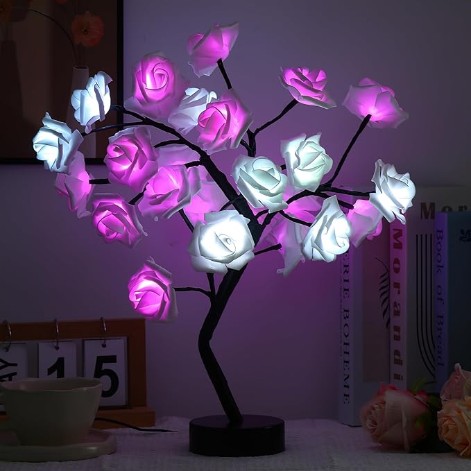 Rose Flower Tree Lamp - LED Rose Tree Table Lamp USB/Battery Powered Artificial Bonsai Flower Night Light for Bedroom Living Room Party Wedding Valentines Mothers Day Decor (White)