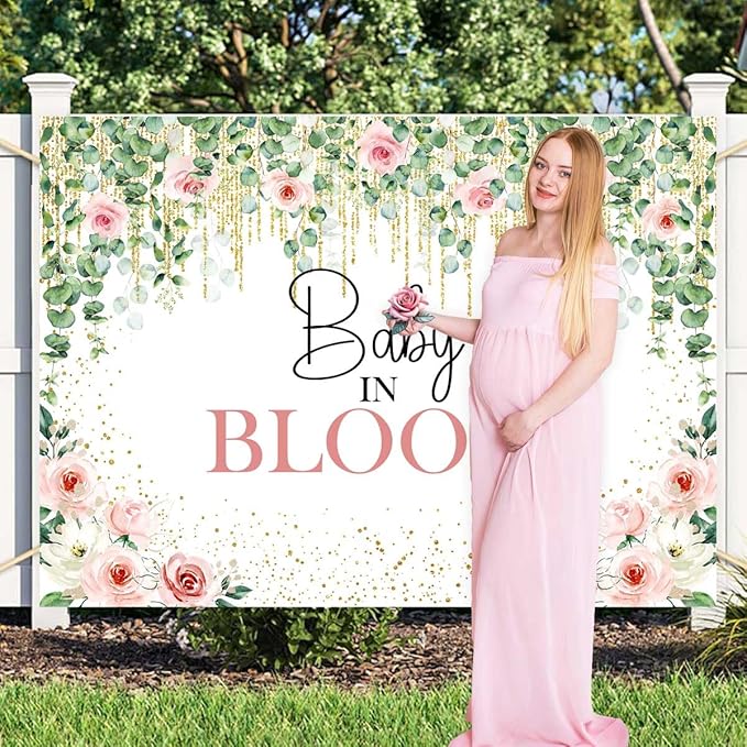 Sensfun Baby in Bloom Backdrop Green Leaves Pink Flowers Baby Shower Party Decorations Girls Greenery Floral Baby in Bloom Banner Gold Glitter Dots Photography Background Cake Table Supplies 6x4ft