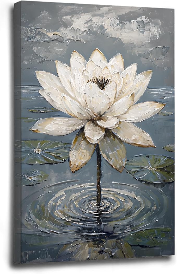 Stunning white lotus emerges from prismatic water with delicate petals background Serene aquatic wall art suitable for modern minimalist decor 12x18in Wood Framed