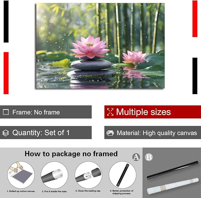 Ethereal pink lotus on obsidian Sunlit bamboo forest with sparkling water drops Poetic nature inspired wall art for tranquil homes and mindful spaces 28x40in Frameless