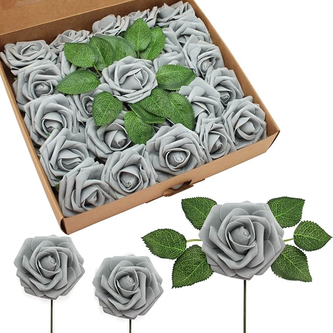 JOYLEX Artificial Flowers Realistic Roses, 50pcs Real Looking Fake Roses with Stem for DIY Wedding Bouquets Centerpieces Bridal Shower Party Home Romantic Decorations (Regular 3" - 50pcs, Grey)