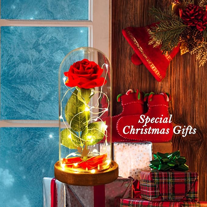 Women Gifts for Christmas Beauty and The Beast Rose,Red Rose in Glass Dome with Lights,Flowers for Delivery Prime,Romantic Flower Gifts for Women Mom Wife Girlfriend on Birthday, Anniversary, Wedding