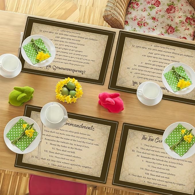 10 Commandments Placemats Set of 4, Ten Commandments Christian Religious Bible Verse Place Mats Washable Double-Sided Table Mats for Kitchen Dining Room Home Party Indoor Decor 4 PCS 12x18 Inch