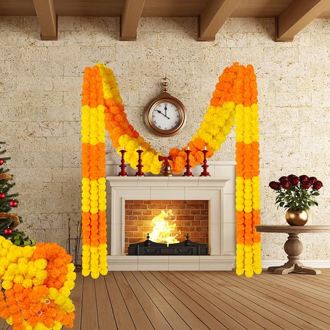 5pcs Marigold Garland for Decoration, 5 Feet Artificial Marigold Flowers Diwali Decorations for Home, Yellow and Orange Artificial Marigold Heads for Diwali Party, Indian Weddings, Halloween, Wreath