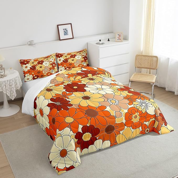 Castle Fairy Bohemian Flowers Comforter Set Full Size,70s Vintage Floral Bedding Comforters Room Decor,Hippie Retro Groovy Botanical Quilt Set with 2 Pillowcases,Teens Present