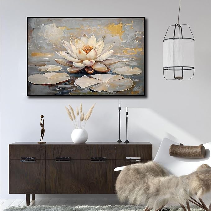 Ethereal white lotus floating on Crystal Waters poster vintage oil painting printwall art soft blush and gold accents serene home and office decor dreamy 8x12in Metal blackFramed