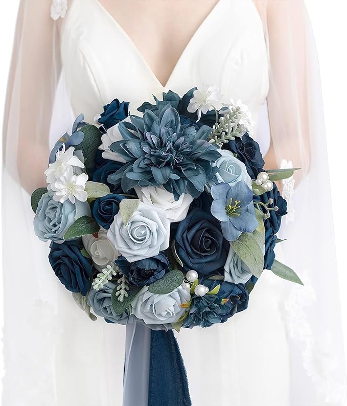 Ling's moment Artificial Flowers 25Pcs Deep Navy Blue Roses Decor w/Stems,3" Real Touch DIY Foam Floral for Wedding Bouquet/Centerpieces, Outdoors Party Backdrop, Room/Table, and Garden/Pot Decor