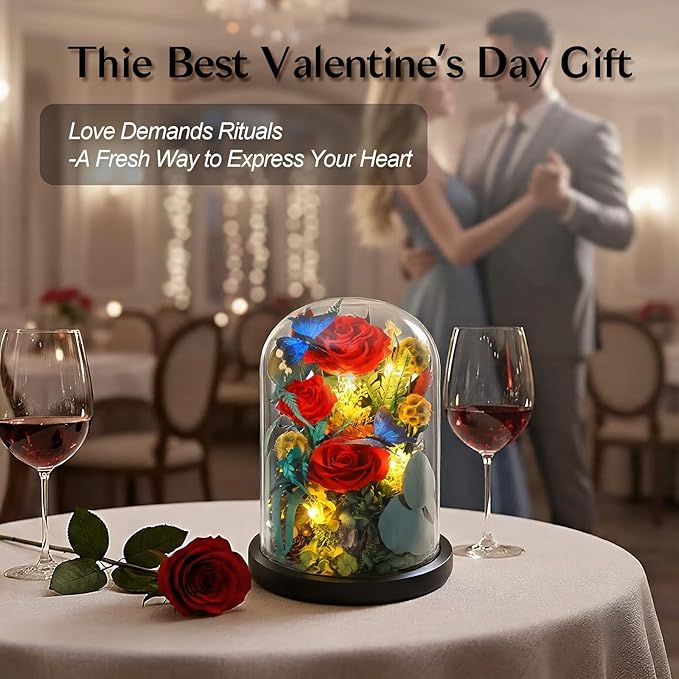 Preserved Rose with Butterfly, LED Forever Flowers in Glass Dome, Eternal Flowe for Women, Birthday Gifts for Mom Friend, Includes Greeting Card & Luxury Gift Box (Red)