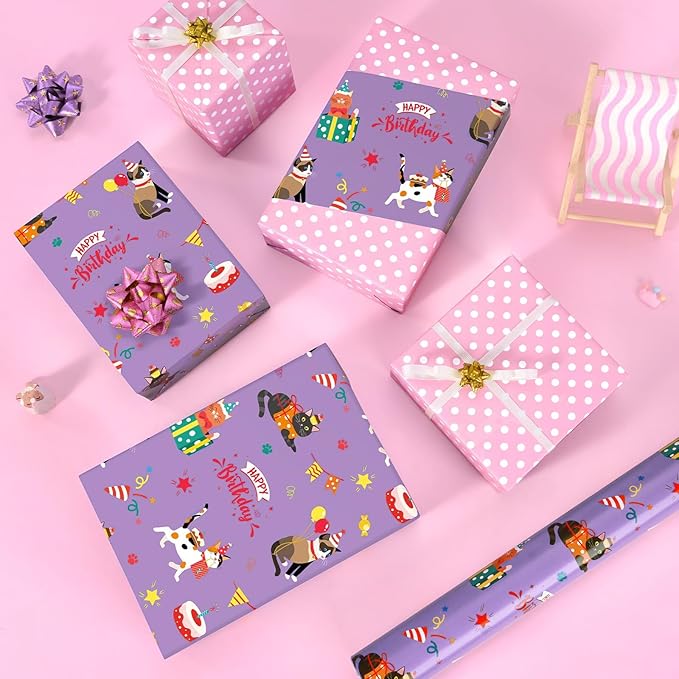 WERNNSAI Cat Birthday Wrapping Paper Roll - 1 Roll 17”x 66 ft Cat Gift Wrapping Paper Pink Purple Reversible Wrapping Paper for Girls Kids Birthday Party Gift Wrap with Polka Dot Design