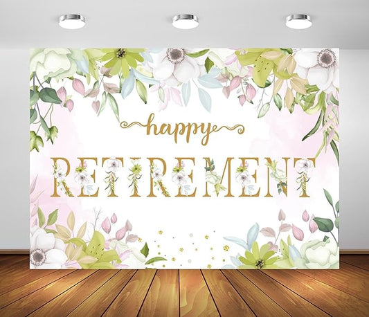 BELECO 12x10ft Fabric Floral Happy Retirement Backdrop Watercolor Leaves Flowers Retirement Background Retirement Party Decorations Banner Photo Booth Shoot Studio Props