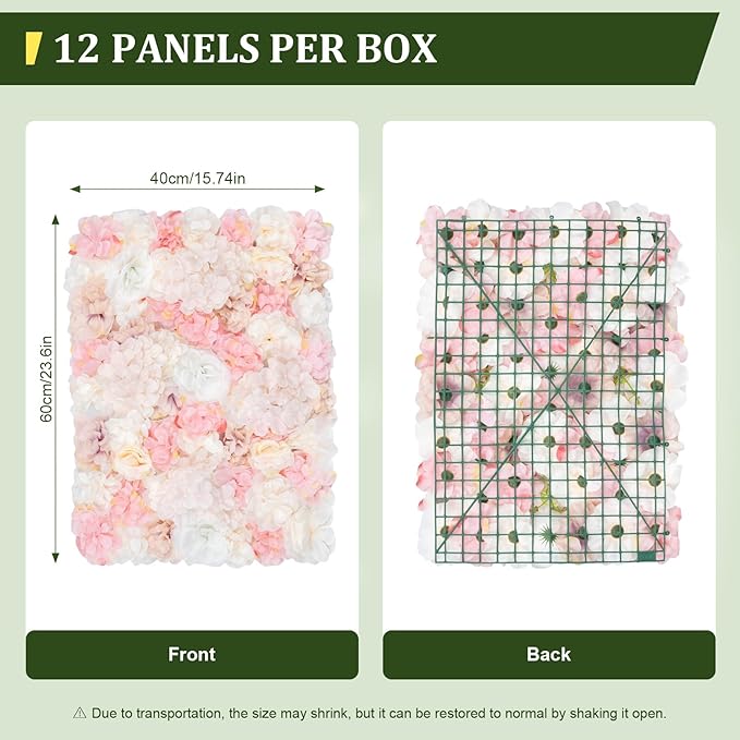 12 PCS Flower Wall Panels, 3D Rose Hydrangea Floral Wall Background Silk Flowers Panel Decoration, 23.6x15.7inch Artificial Flower Backdrop for Wedding, Party, Anniversary