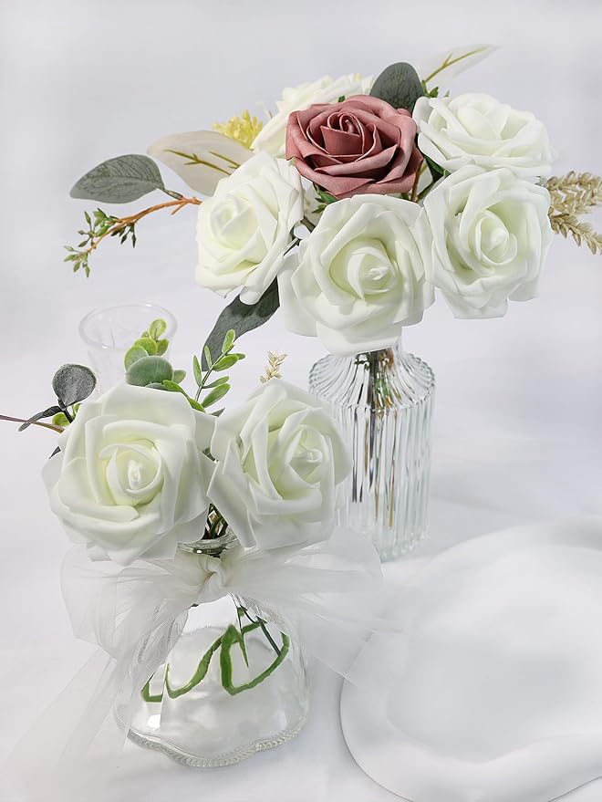 Meldel Artificial Flower 25pcs Real Looking Ivory White Fake Foam Roses with Stems for DIY Wedding Bouquets Gifts Bridal Shower Faux Floral Centerpieces Arrangements Home Party Tables Decorations
