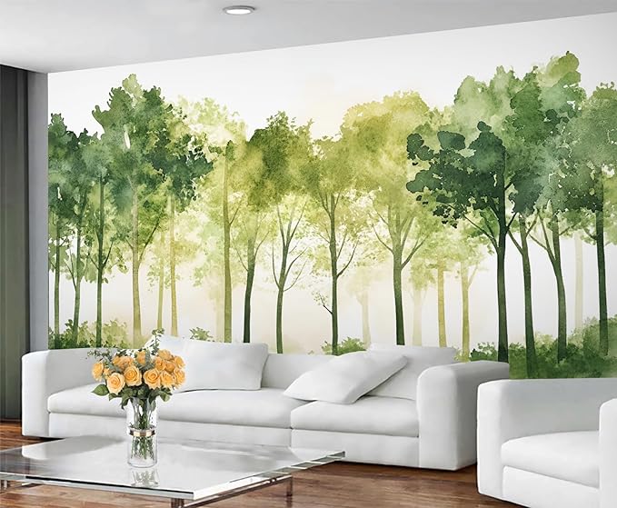 Watercolor Forest Wall Mural, Minimalist Forest Scene 3D Wall Murals, Nordic Nature Wallpaper Mural, for Living Room Bedroom Large Wallpaper Indoor Decor 177.16" W x120 H