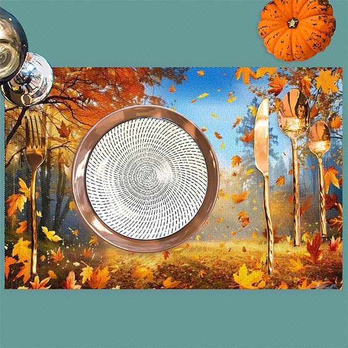 Forest Tree Fall Leaf Placemats Set of 1 PVC Vinyl Non Slip Table Mats Heat Resistant Place Mats Washable Wipeable Dining Table Mat for Kitchen Decor Party Indoor Outdoor Decorative Gift