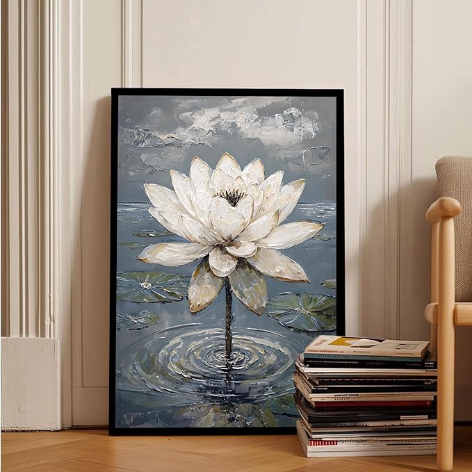 Stunning white lotus emerges from prismatic water with delicate petals background Serene aquatic wall art suitable for modern minimalist decor 16x24in Metal blackFramed