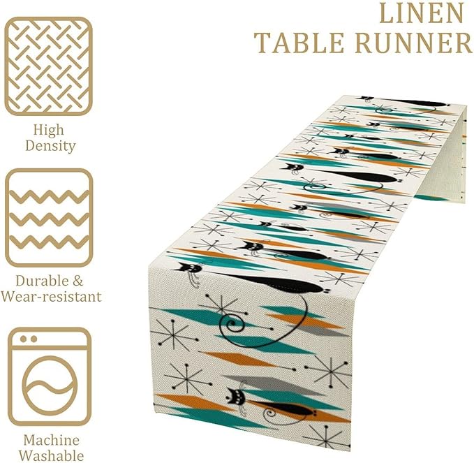 Mid Century Modern Black Cat Table Runner,Table Runners for Kitchen Dining Tables Decor Decoration for Kitchen Family Dinner Table Holiday Party Farmhouse 13 x 120 Inch