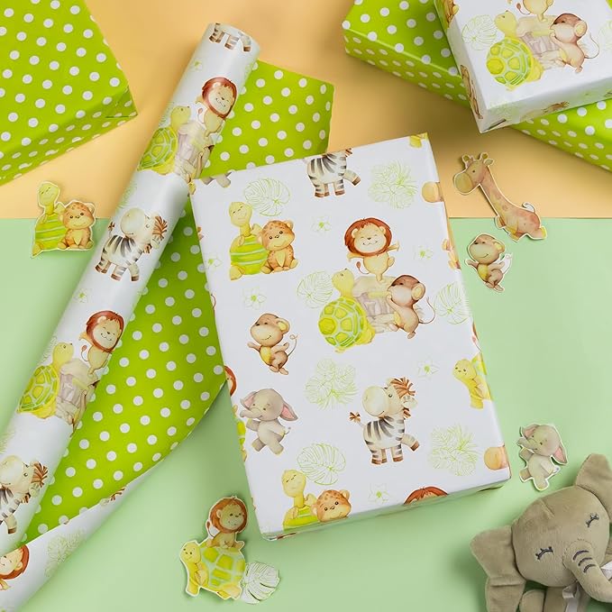 Homeral Baby Shower Wrapping Paper Roll - Cute Animal Design - 17 Inch x 16.4 Feet, Reversible Green Gift Wrap with Lion, Elephant, Turtle, Giraffe, Zebra, Perfect for Baby Boy & Girl Birthday