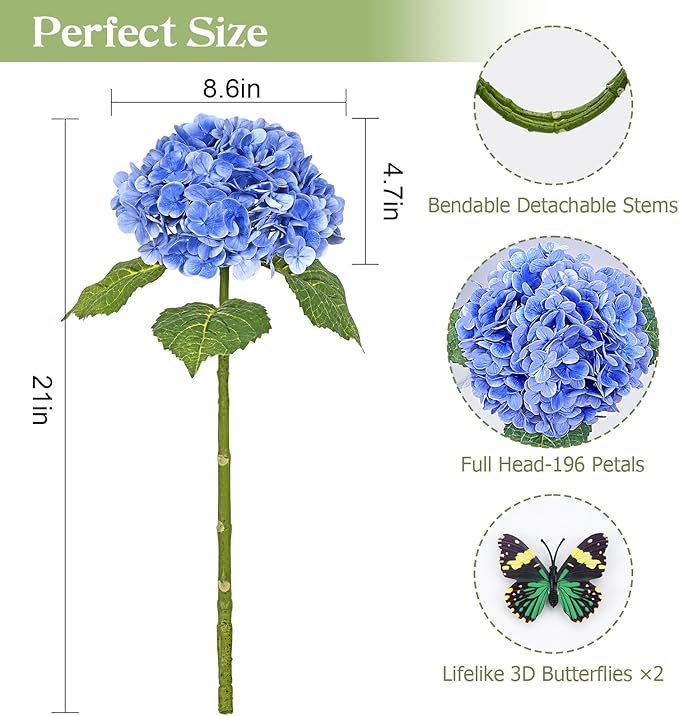 Waipfaru 21" Real Touch Dark Blue Hydrangea Artificial Flowers with Long Stem & Leaves, Full Latex Faux Hydrangea Flowers for Home Decor Party Floral Arrangements Wedding Bouquets Centerpieces, 3Pcs