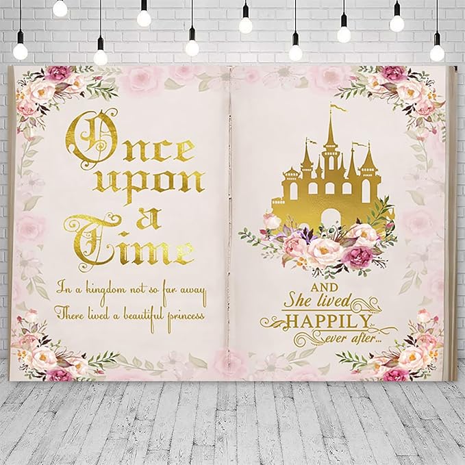 8x6ft Once Upon a Time Backdrop Fairy Tale Books Pink Floral Princess Castle Photography Background Romantic Wedding Birthday Party Banner Decorations Cake Table Decor