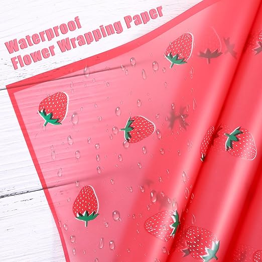 20 Sheets Bouquet Wrapping Paper, 22.4Inch Red Strawberry Pattern Flower Floral Wrapping Paper Pink Floral Paper for Bouquets Kit, Waterproof Decorations with Ribbon for DIY Crafts Wedding Birthday Party for Christmas
