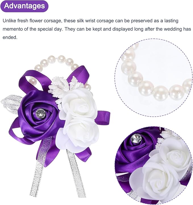 MECCANIXITY 12Pcs Wrist Corsage Artificial Flower Bracelets Rose Wrist Bride Groom Decorative for Wedding Ceremony Prom Party Anniversary Purple