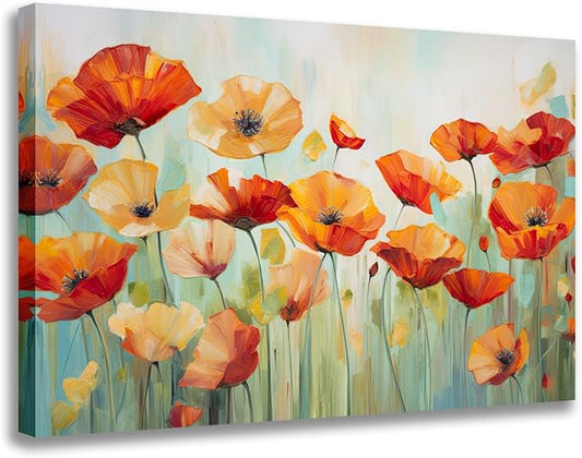 GLOKAKA Vibrant Poppies Wall Art Floral Red and Orange Watercolor Poppy Flower Painting Print Canvas Artwork For Living Room Bathroom Dinning Room Decor (Vibrant Poppies, 18"x12")