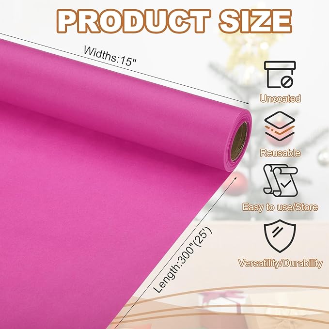 PATIKIL Wrapping Paper, 15" x 300"(25') 70 GSM Craft Paper Roll Kraft Packing Paper for Poster Bulletin Board, Gift Wrapping, Rose Pink
