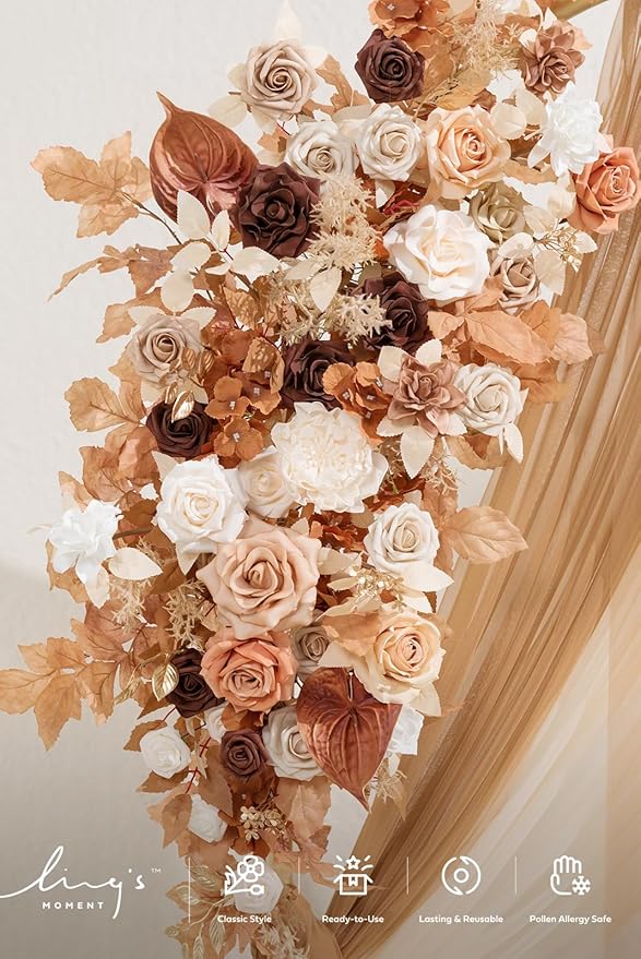 Ling's moment Wedding Arch Backdrop Stand with Flowers - 7.2FT Metal Arch Frame with Drapes for Ceremony Decor - Artificial Floral Birthday Party, Bridal Shower, Indoor Outdoor Arbor, Rust Boho