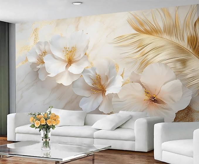 White Flowers Marble Wall Mural, Luxury Floral 3D Wall Murals, Elegant Gold Leaf Design Wallpaper Mural, for Living Room Bedroom Large Wallpaper Indoor Decor 169.3" W x118.2 H