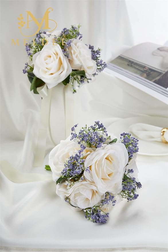 Meldel 6.5 Inch Ivory Bridesmaid Bouquet, Set of 6, Purple Wedding Bouquets for Bridesmaids, Small White Bridesmaids Bouquets