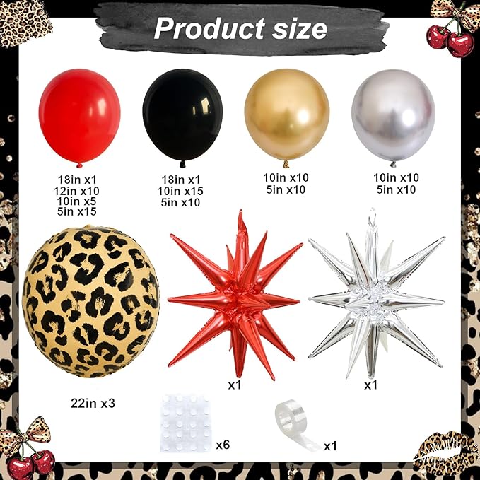 Red Black Gold Balloon Arch Garland Kit Leopard Cheetah Print Party Balloons Black Red Metallic Silver Gold Explosion Star Balloon for Girl Night Bachelorette New Year Casino Birthday Party Decoration
