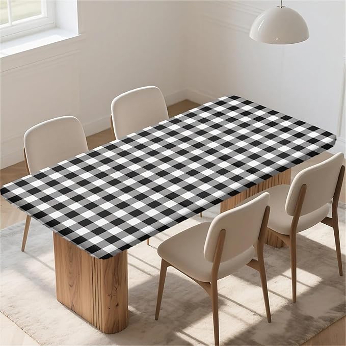 Rectangle Table Cloth Cover Waterproof Elastic Fitted Polyester Fitted Tablecloths for 4 Foot Tables for Indoor,Picnic, Camping, Outdoor （48" x 30"，Black Grid）