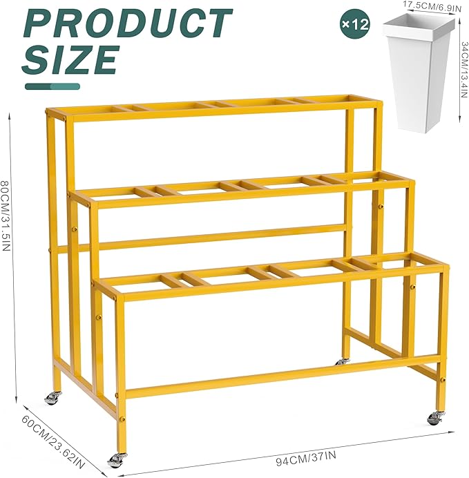 Asee'm Flower Display Stand With 12PCS Buckets 3 Tier Flower Cart Display Stand with Wheels Heavy Duty Moving Metal Plant Stand Flower Bar Flower Rack for Florist Indoor Outdoor Patio Garden Gold