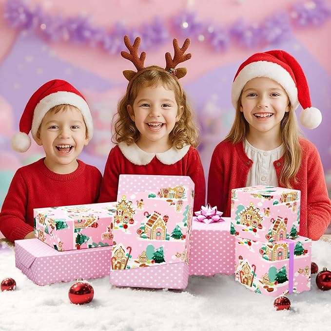 WERNNSAI Christmas Wrapping Paper - 1 Roll 17”x 33 ft Gingerbread House Wrapping Paper Roll Reversible Christmas Tree Gift Wraps for Kids Girls Xmas Winter Holiday Party Pink Polka Dot Design
