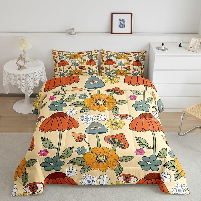 Castle Fairy Retro Flowers Comforter Set Twin Size,70s Floral Mushroom Quilt Set for Kids Boys Bedroom Collection,Art Hippie Plant Eye Print Polyester Bedding with 1 Pillowcase,2Pcs