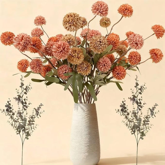 Geegoods 10 Stems Silk Pompon Mum Artificial Flowers with 2 Eucalyptus – 21’’ Long Stem Faux Chrysanthemums for Vase Arrangements, Rustic Farmhouse Fall Centerpieces & Autumn Décor